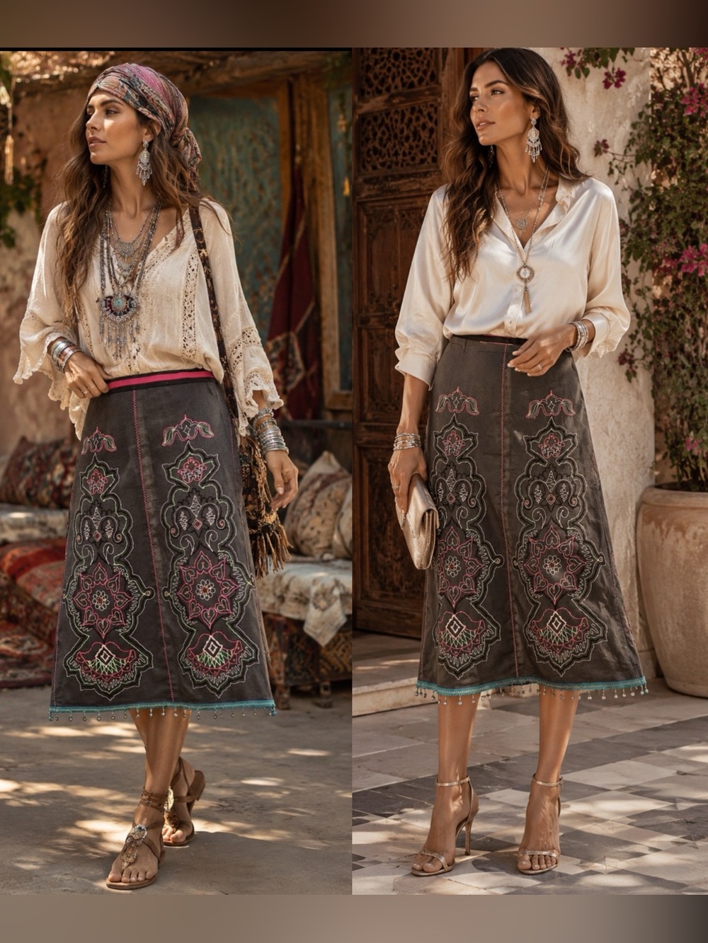 ETCETRA BROWN EMBROIDERED BOHO 
SKIRT W/ BALL ADORNMENT ON HEM.‎ Gypsy, size 2